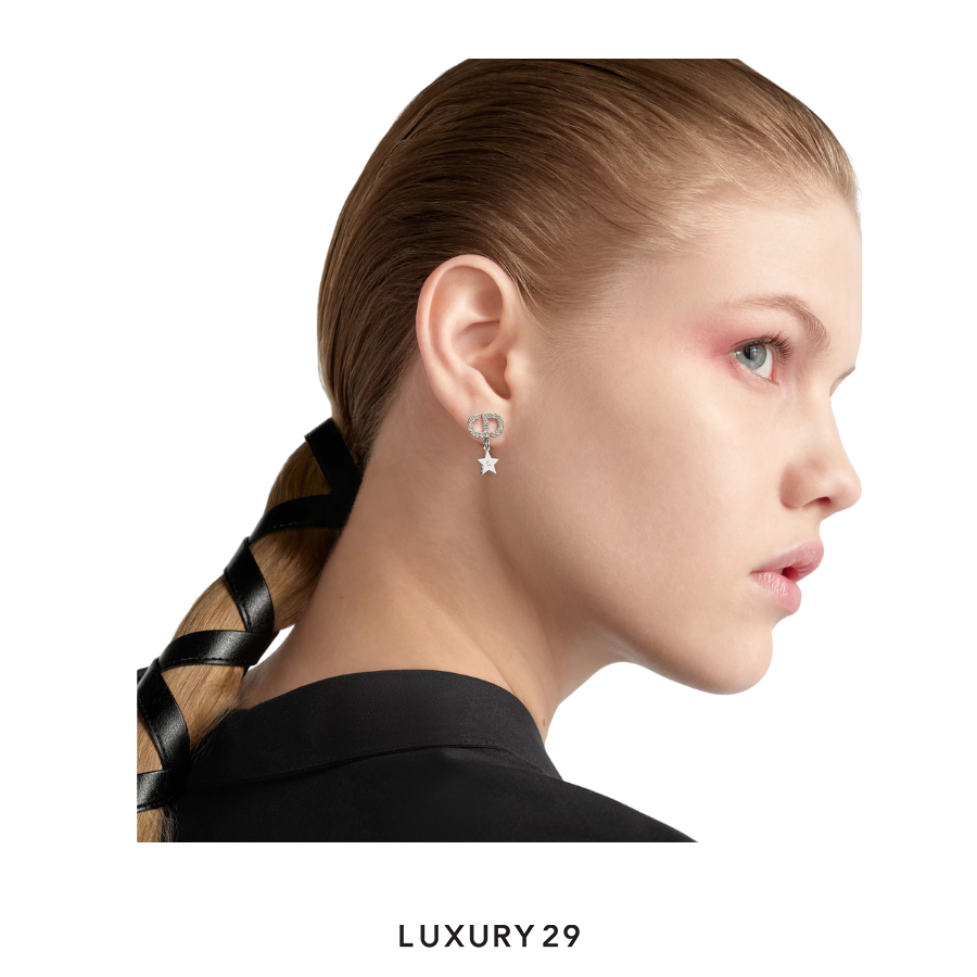 Dior Petit CD Lucky Charms Earrings Silver-Finish Metal with White Resin Pearl and Silver-Tone Crystals DIOR