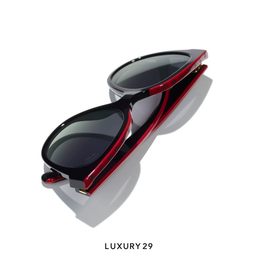 Chanel Butterfly Sunglasses Acetate Black & Red Lenses Gray Polarized Gradient - Luxury29