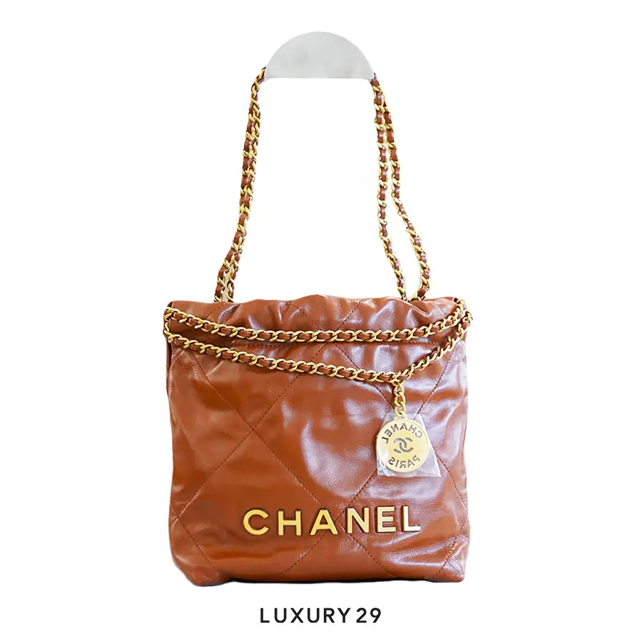 Chanel 22 Mini Handbag Shiny Calfskin & Gold-Tone Metal Caramel