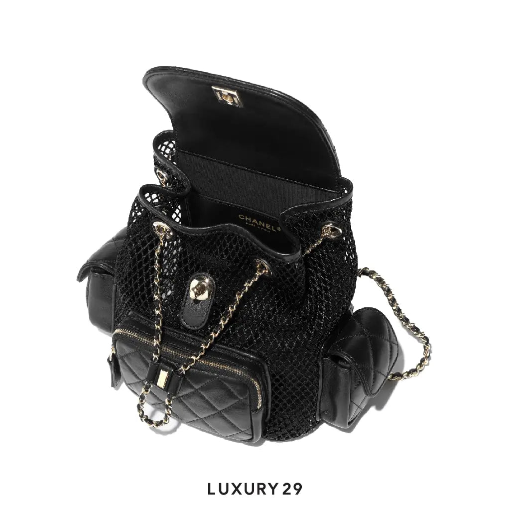 Chanel Backpack Mesh Shiny Lambskin & Gold-Tone Metal Black CHANEL