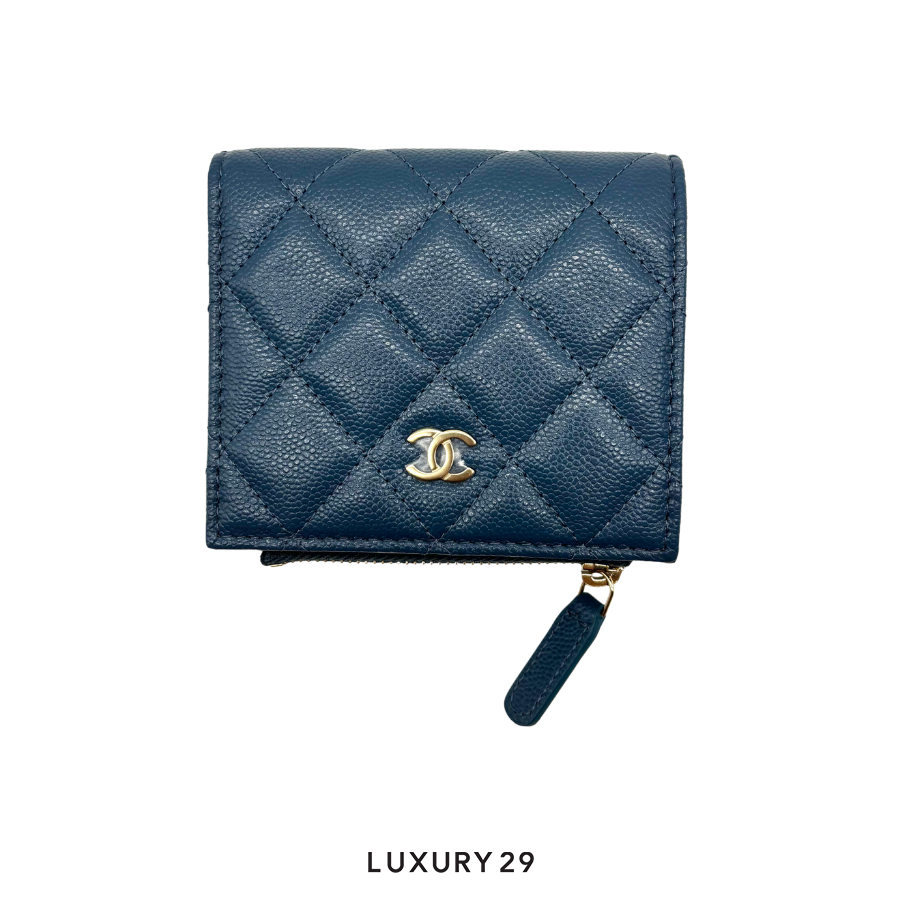 Chanel Classic Caviar Zipped Flap Wallet Gold Plated Navy CHANEL