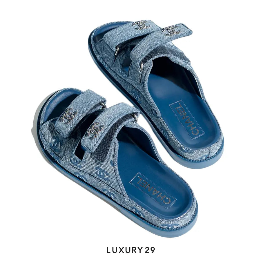 Chanel Open-Toe Shoes Mules Denim Fabric Light Blue CHANEL