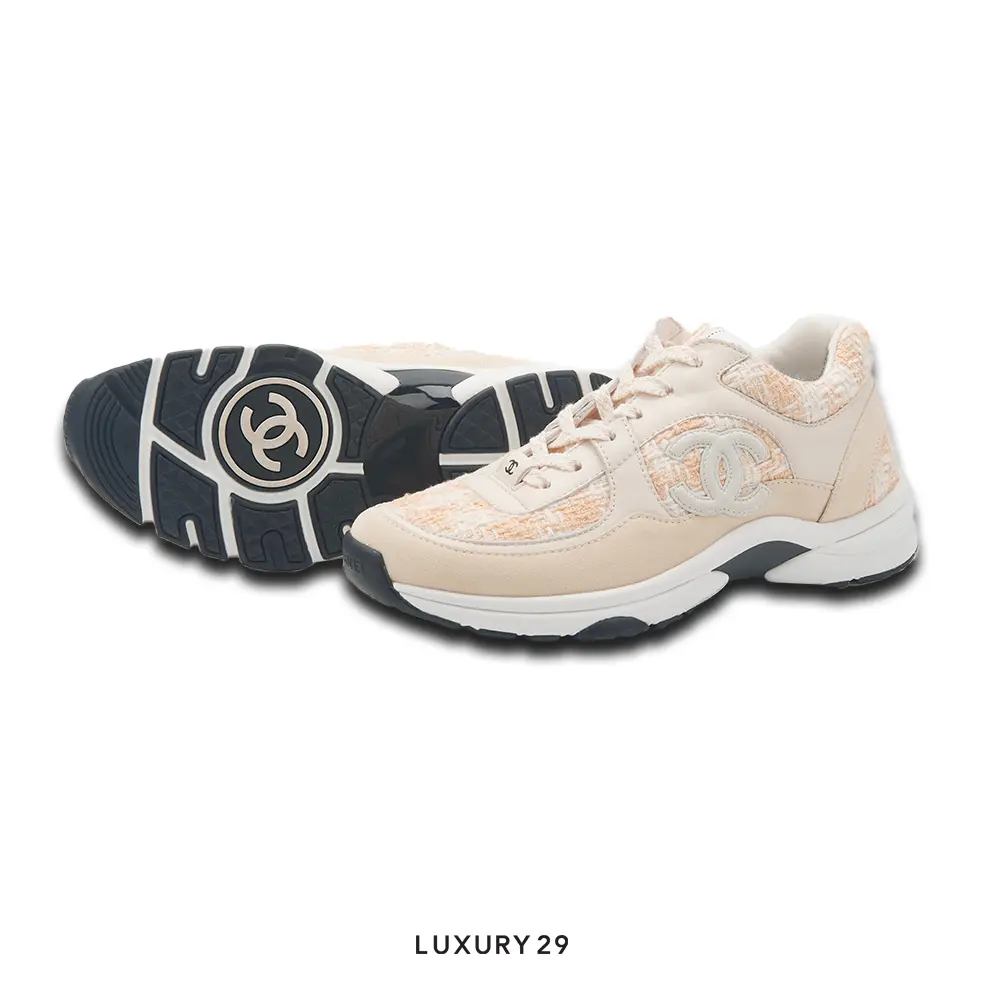 Chanel Trainers Coton Tweed, Suede Calfskin & Calfskin Orange & Ecru CHANEL