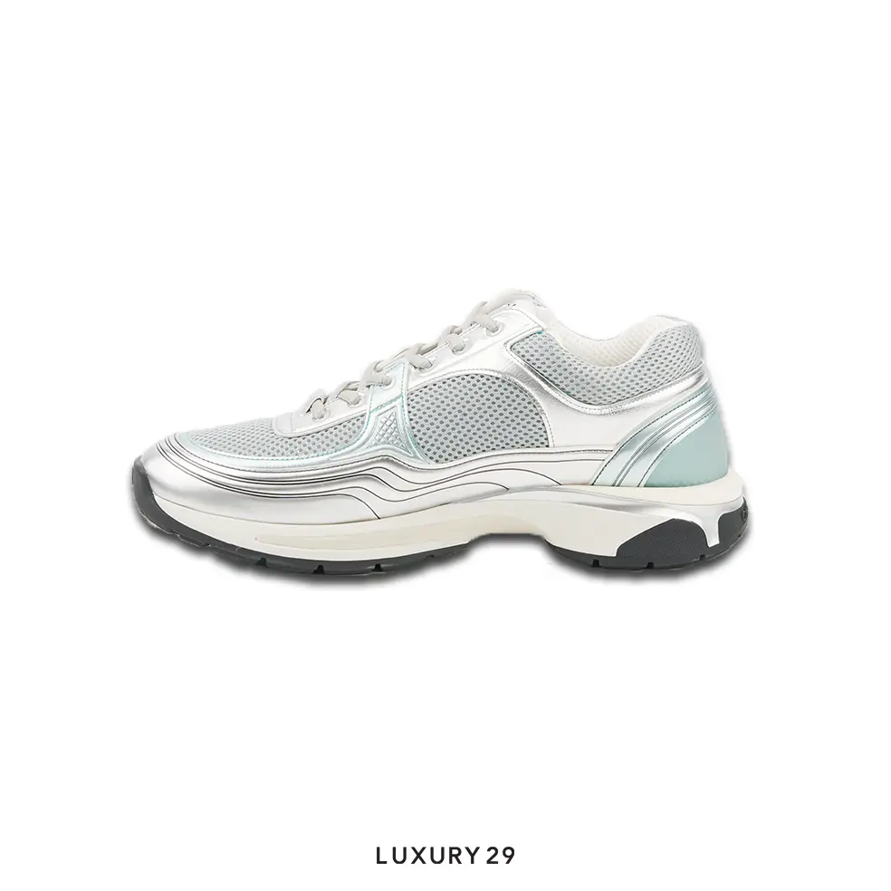 Chanel Trainers Fabric & Laminated Light Gray & Silvered CHANEL