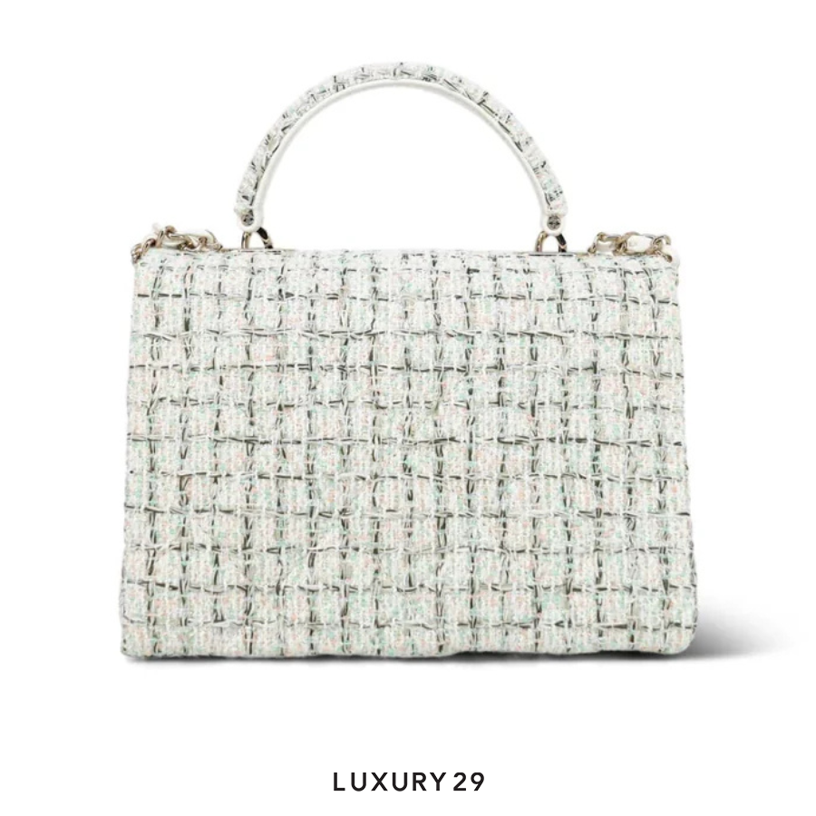 Chanel White/Multicolor Sequin Tweed Quilted Top Handle Flap Bag On Chain CHANEL