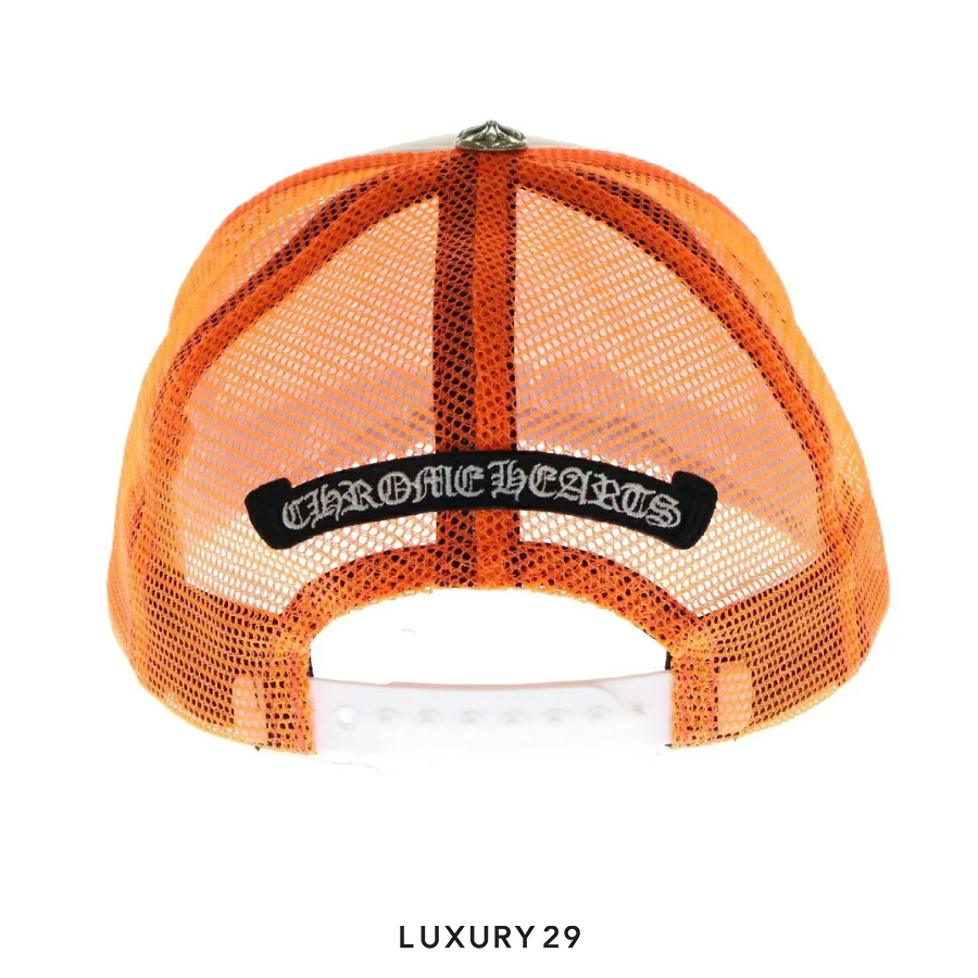 Chrome Hearts Cemetery Cross Patch Trucker Hat White/Neon Orange CHROME HEARTS