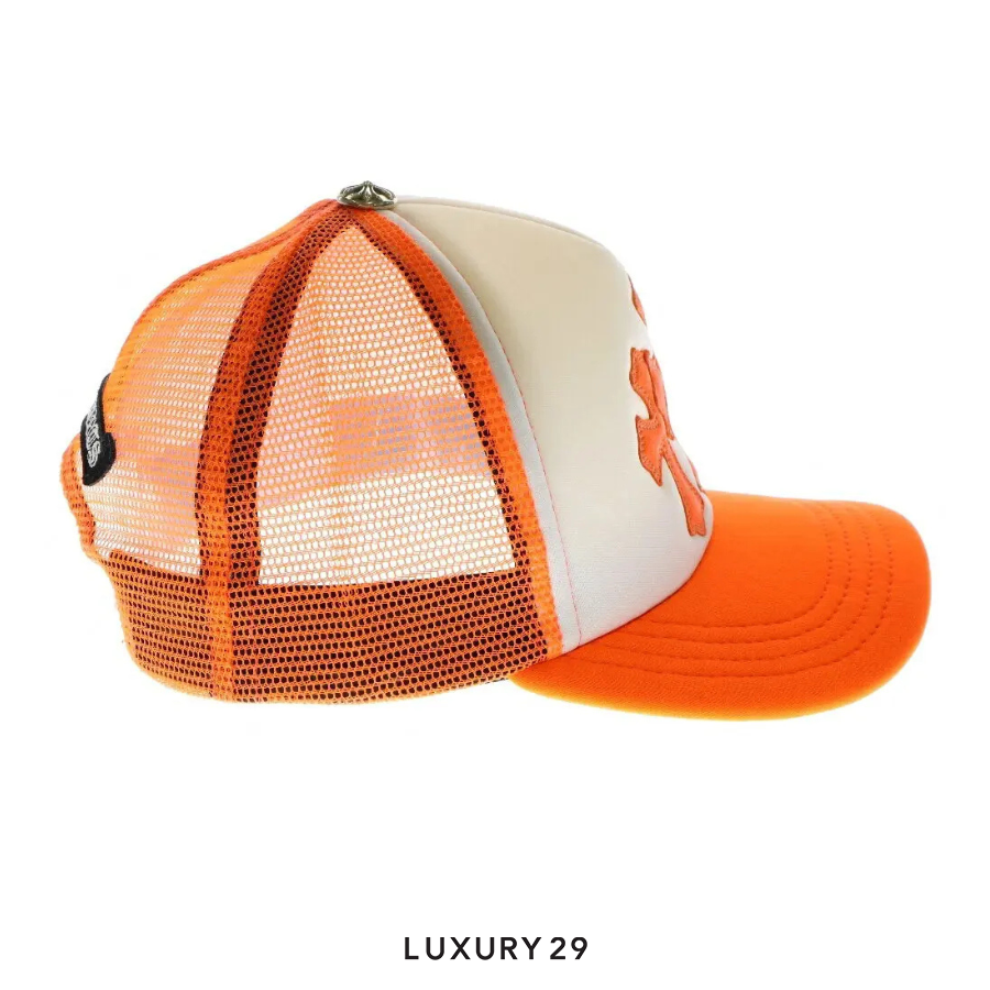Chrome Hearts Cemetery Cross Patch Trucker Hat White/Neon Orange CHROME HEARTS