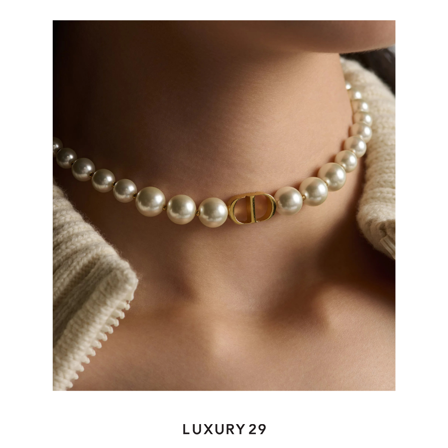 Dior 30 Montaigne Short Necklace Gold-Finish Metal and White Resin Pearls DIOR