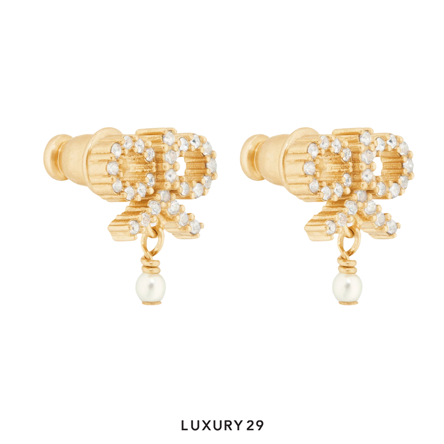 Dior Le Noeud de Dior Earrings Gold-Finish Metal with White Resin Pearls and Silver-Tone Crystals DIOR