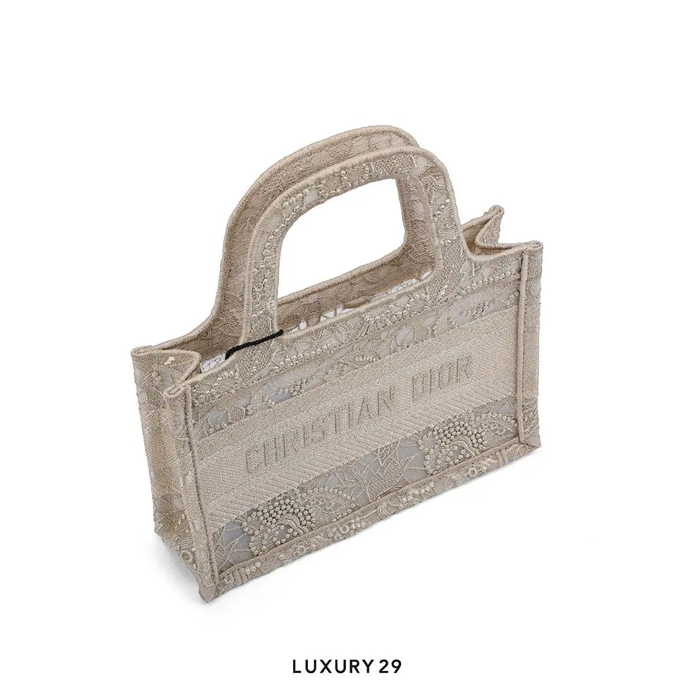 Dior Mini Or Dior Book Tote Gold-Tone D-Lace Embroidery with Macrame Effect DIOR