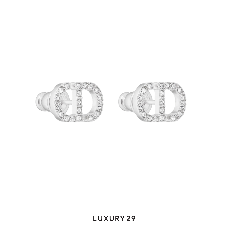 Dior Petit CD Stud Earrings Silver-Finish Metal with White Crystals DIOR