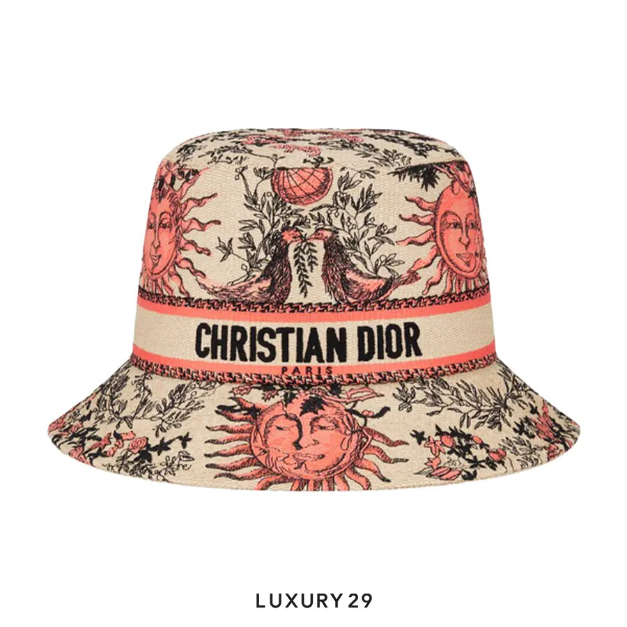 Dioriviera D-Bobby Toile de Jouy Soleil Small Brim Bucket Hat Coral and Beige Embroidery