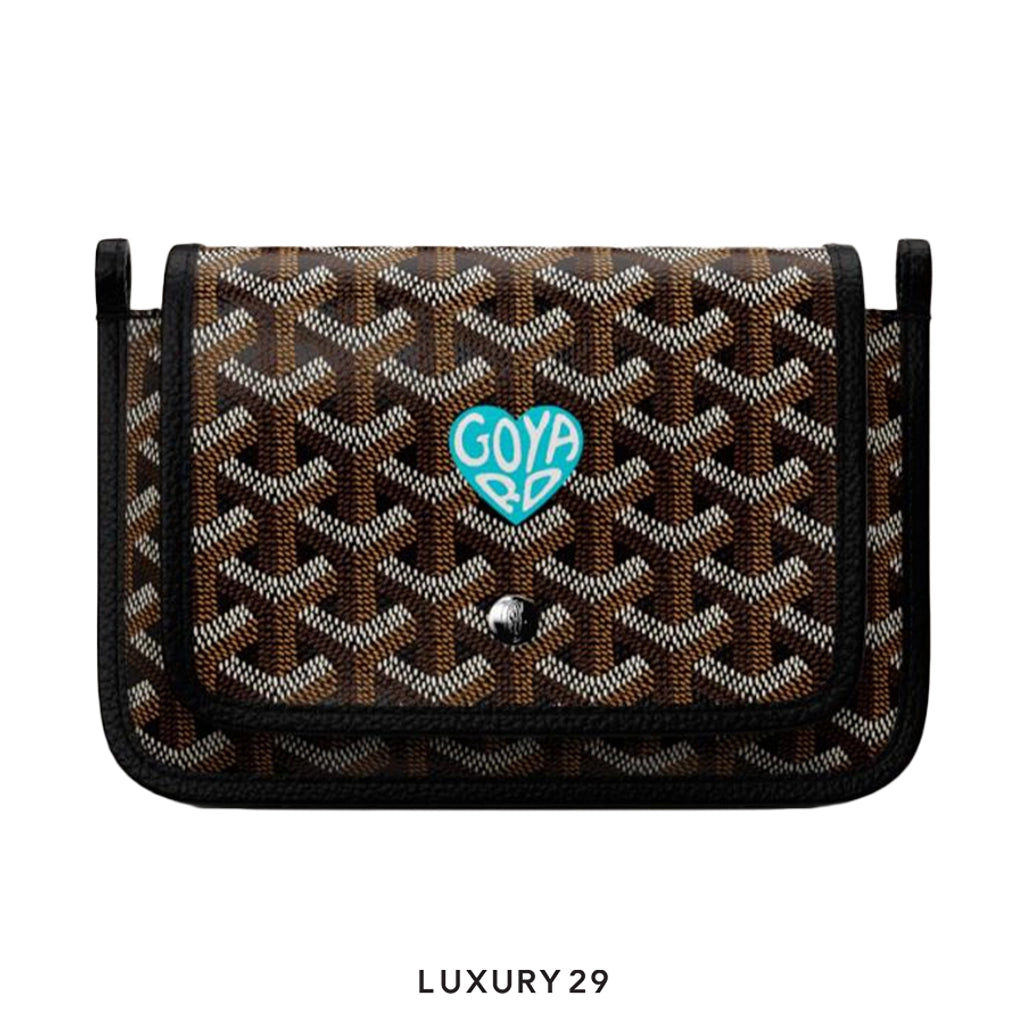 Goyard Plumet Pocket Wallet Black Hand-Painted Heart Sky Blue GOYARD