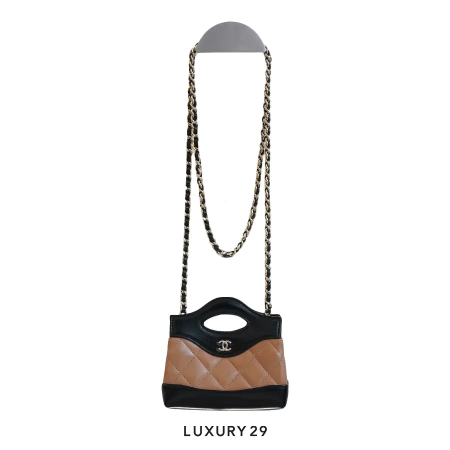 Chanel 31 Micro Shopping Bag Shiny Lambskin & Gold-Tone Metal Dark Beige & Black CHANEL