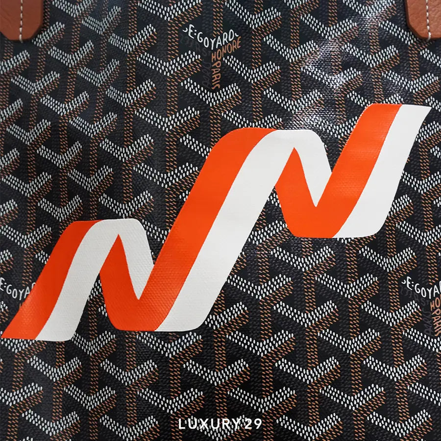 Goyard Saint Louis GM Bag Black & Tan Hand-Painted Banniere Orange White GOYARD