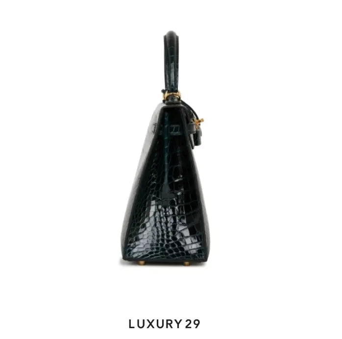 Black crocodile-patterned handbag on a white background with 'LUXURY 29' text.