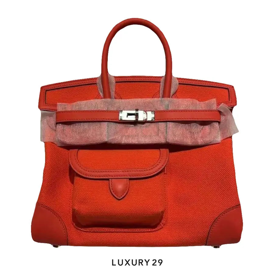 Hermes SAC Birkin 25 Cargo Toile Goeland/Swift Orange Field HERMES