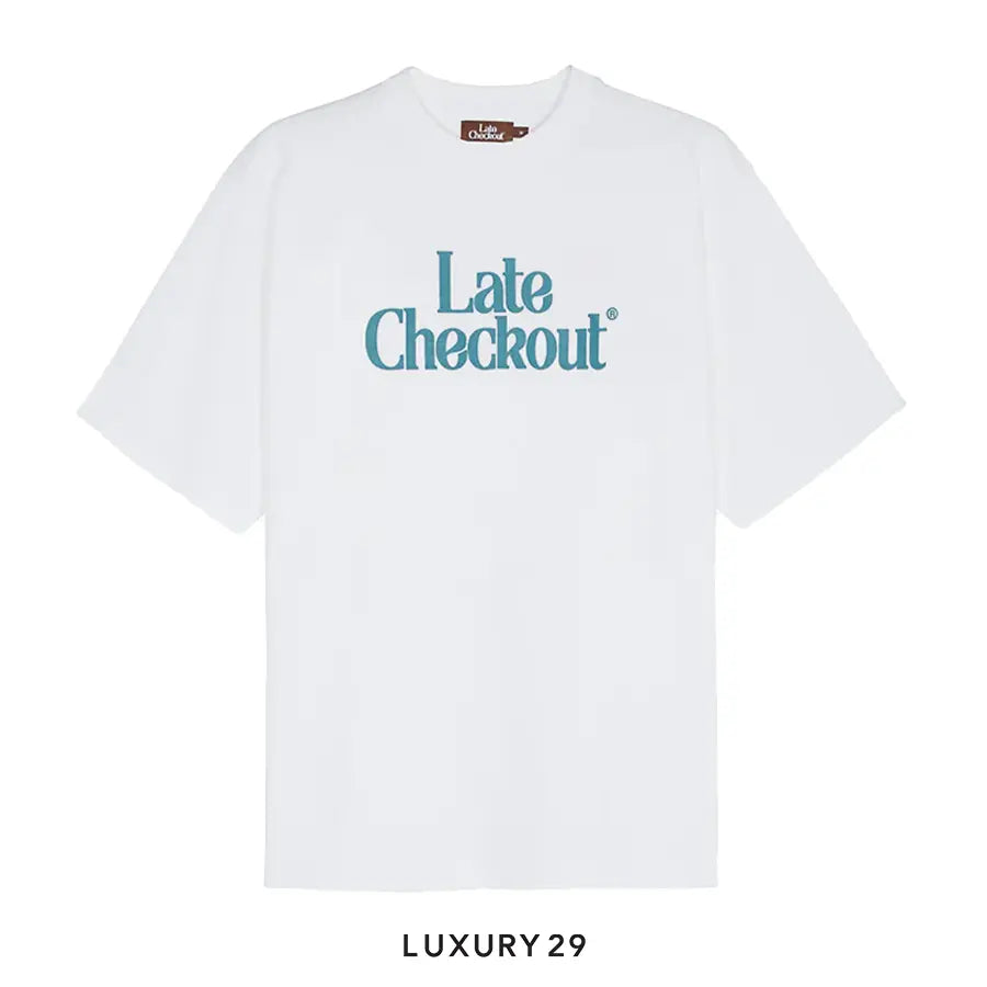 Late Check Out White Blue Logo Tee