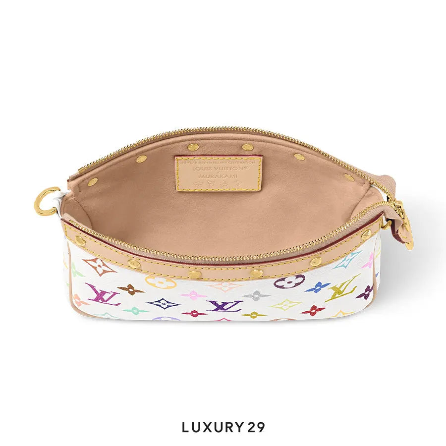 Designer handbag with multicolor monogram pattern on a white background
