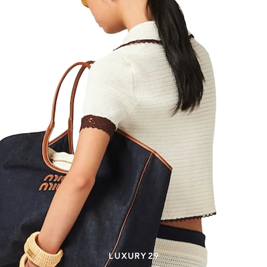 MIU MIU Crocheted cotton polo shirt Ivory/Cocoa Brown MIU MIU