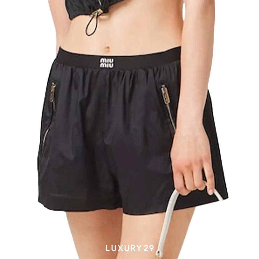 MIU MIU Technical silk shorts with printed logo Black MIU MIU