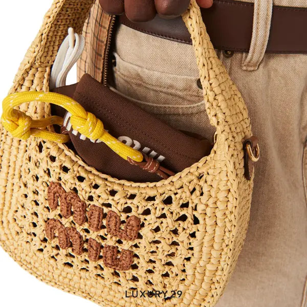 Miu Miu Wander Woven Fabric Hobo Bag Beige/Cognac MIU MIU