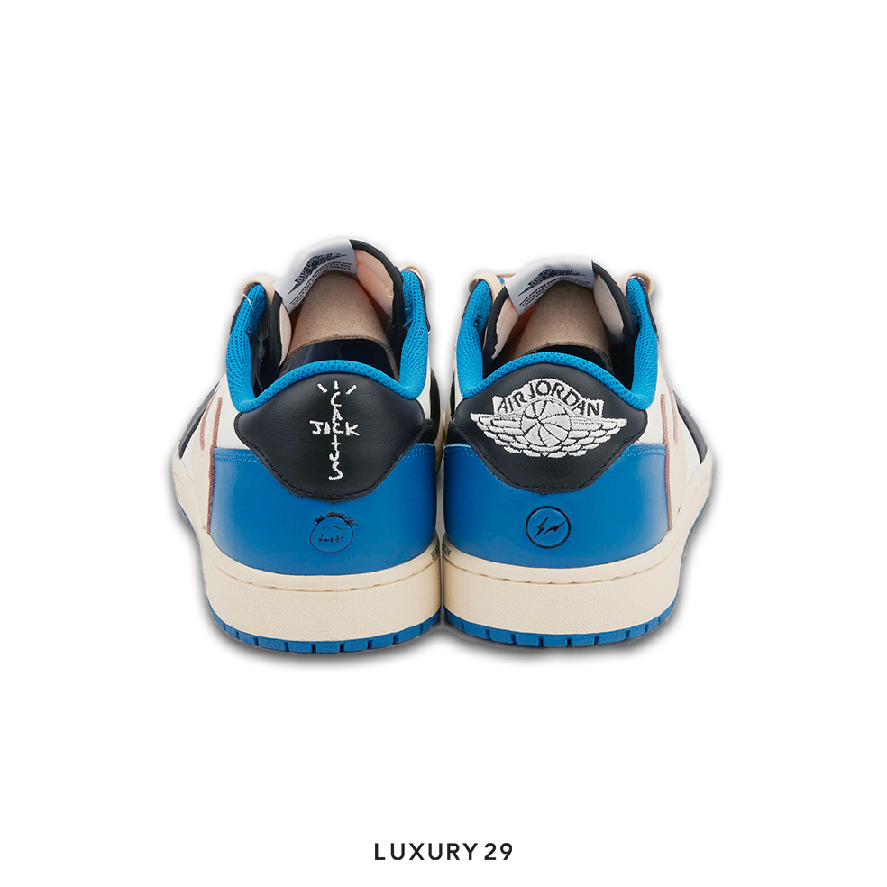 Blue and white sneakers with brand logos on a white background