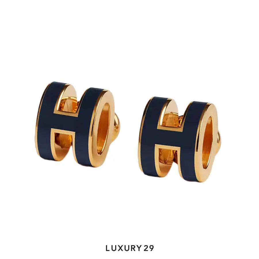 Hermes Mini Pop H earrings Gold Plated Bleu Saphir