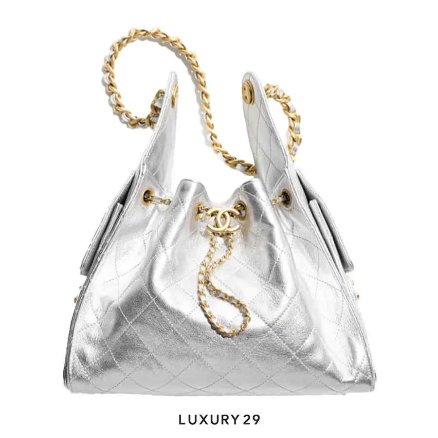 CHANEL 25 Small Handbag Metallic Grained Calfskin & Gold-Tone Metal 
Silvery
