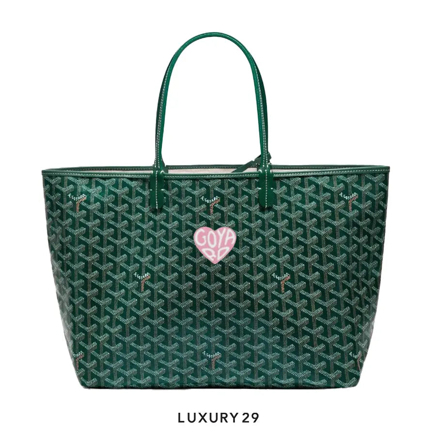 Goyard Saint Louis PM Bag Green Hand-Painted Heart Pink