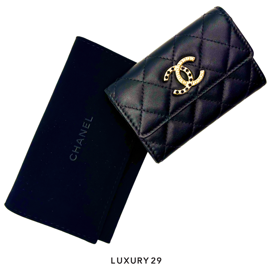 Chanel Lambskin Pearl Enamel Quilted Flap Card Holder Black CHANEL