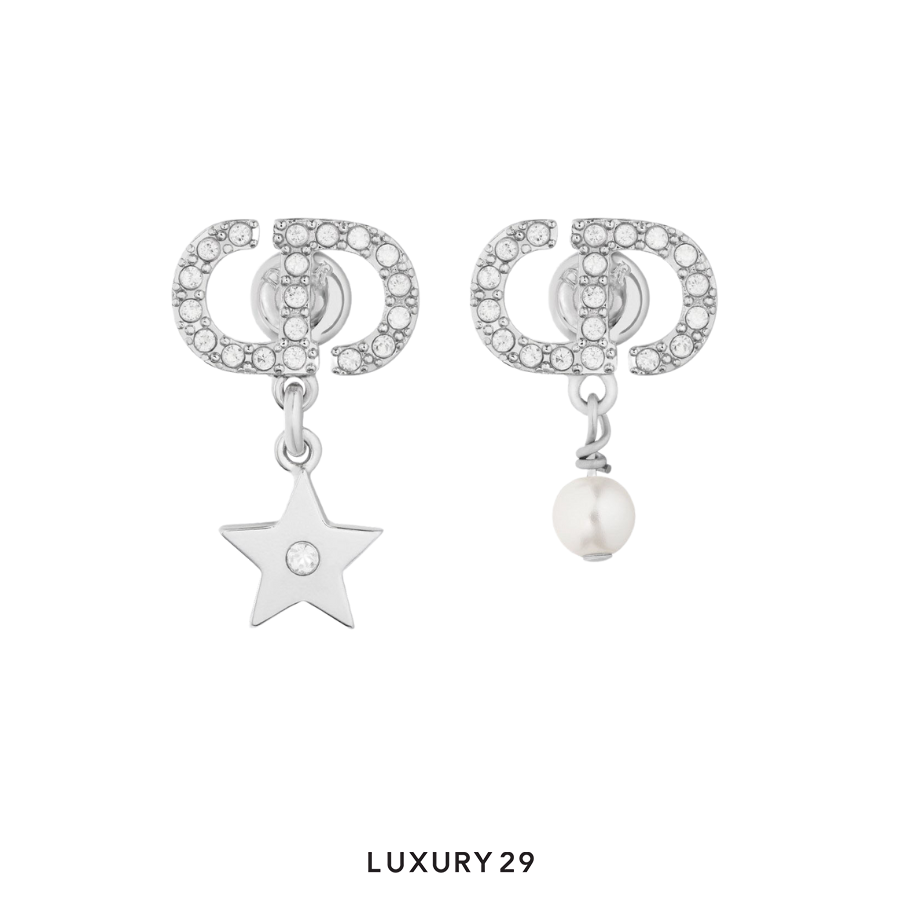 Dior Petit CD Lucky Charms Earrings Silver-Finish Metal with White Resin Pearl and Silver-Tone Crystals DIOR