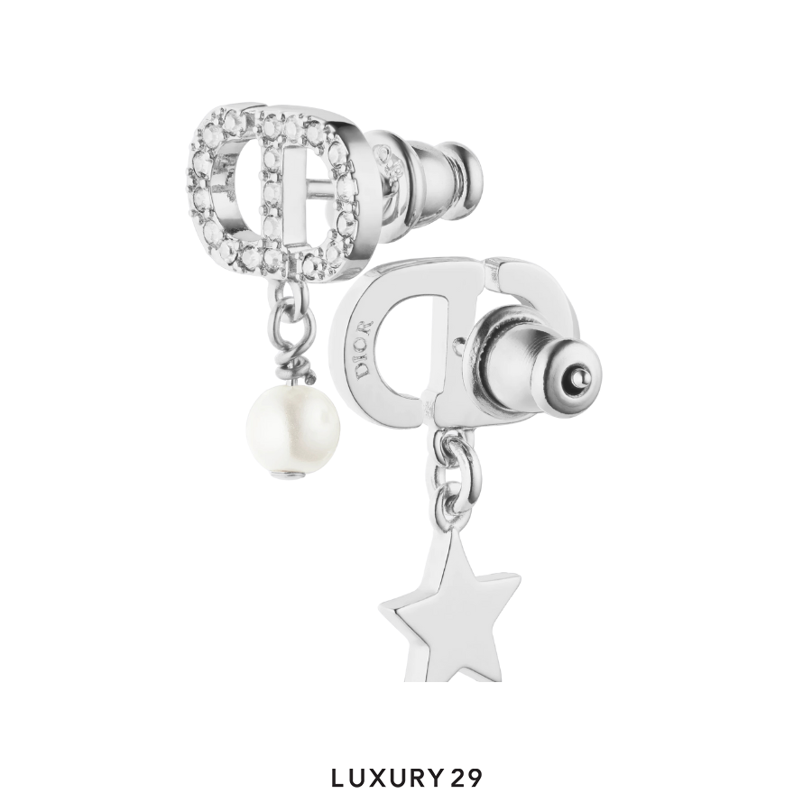 Dior Petit CD Lucky Charms Earrings Silver-Finish Metal with White Resin Pearl and Silver-Tone Crystals DIOR
