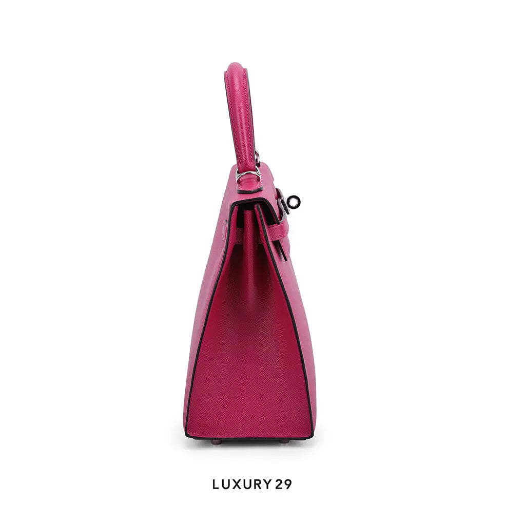 Hermes Kelly Sellier 25 Rose Pourpre Verso Epsom Palladium Hardware / Z Stamp HERMES