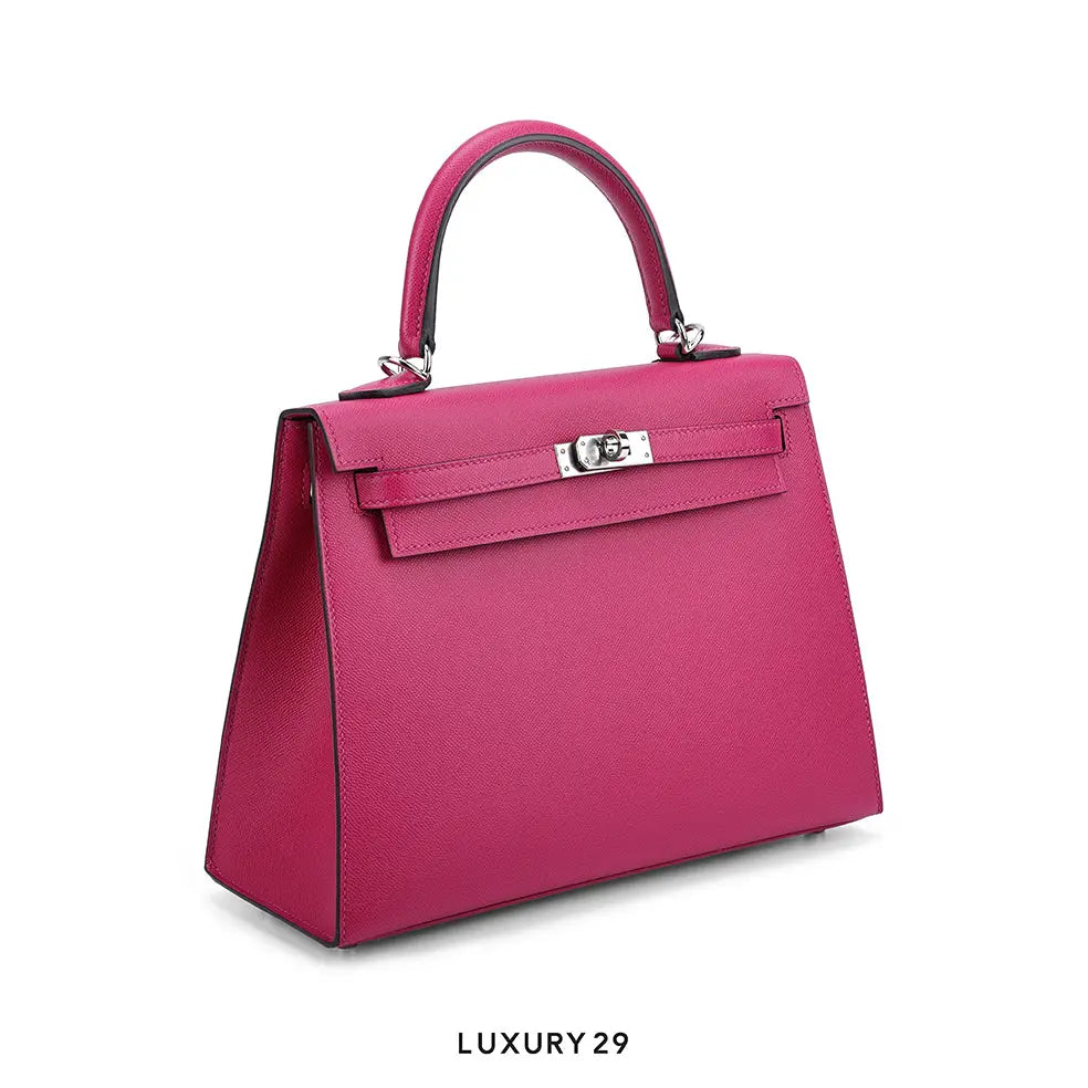 Hermes Kelly Sellier 25 Rose Pourpre Verso Epsom Palladium Hardware / Z Stamp HERMES
