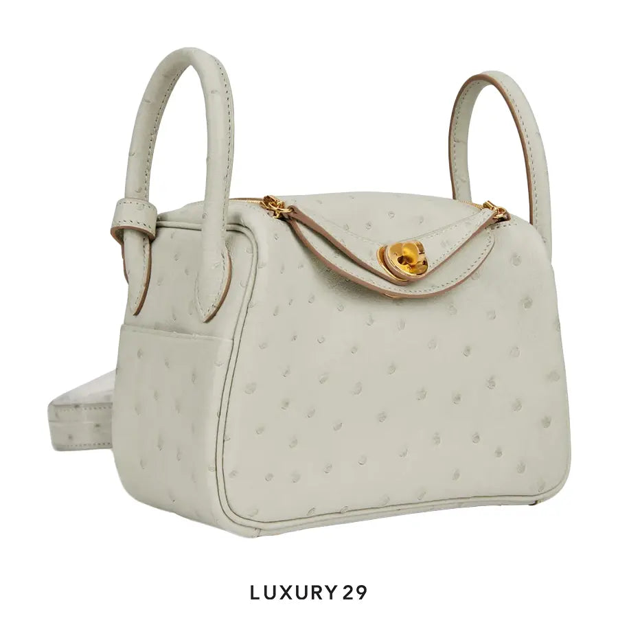 Hermes Mini Lindy Gris Perle Ostrich Gold Hardware / U Stamp HERMES