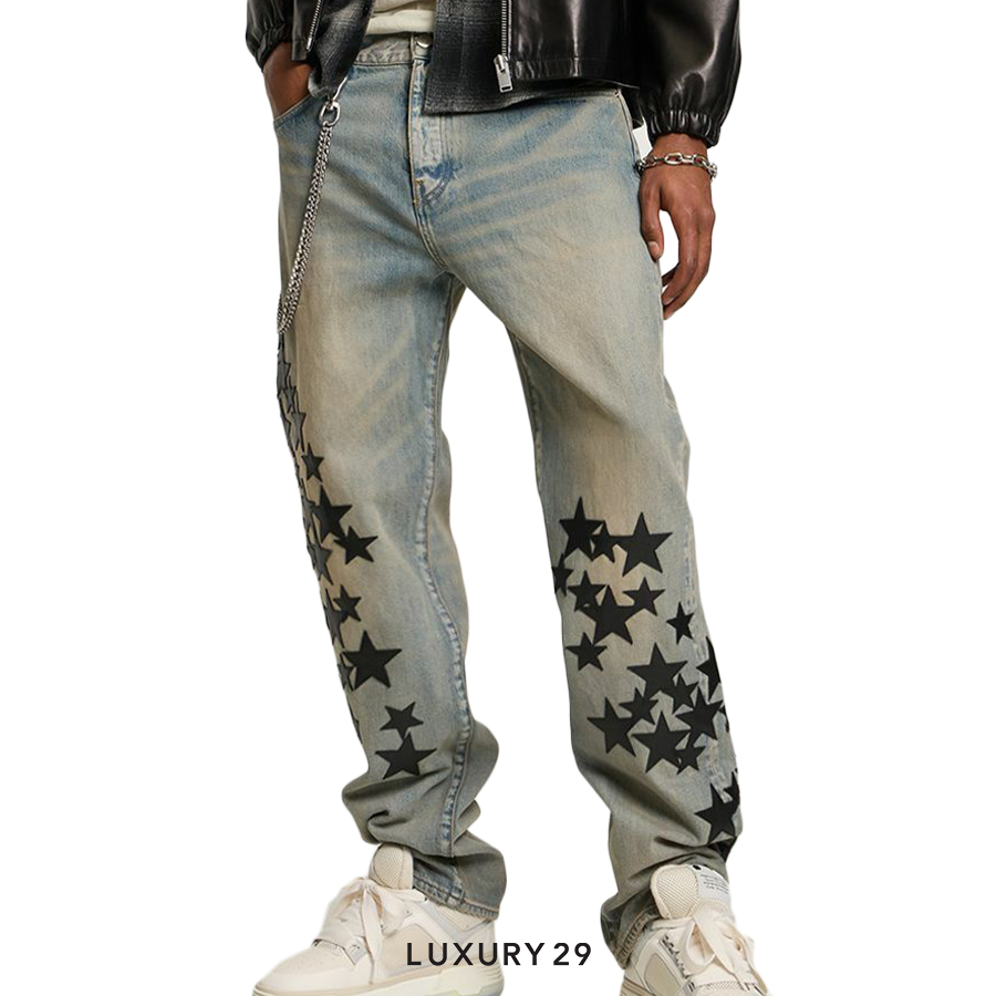 AMIRI Leather Star Straight Jean In Blue AMIRI