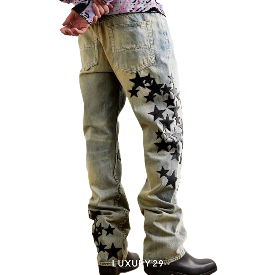 AMIRI Leather Star Straight Jean In Blue AMIRI