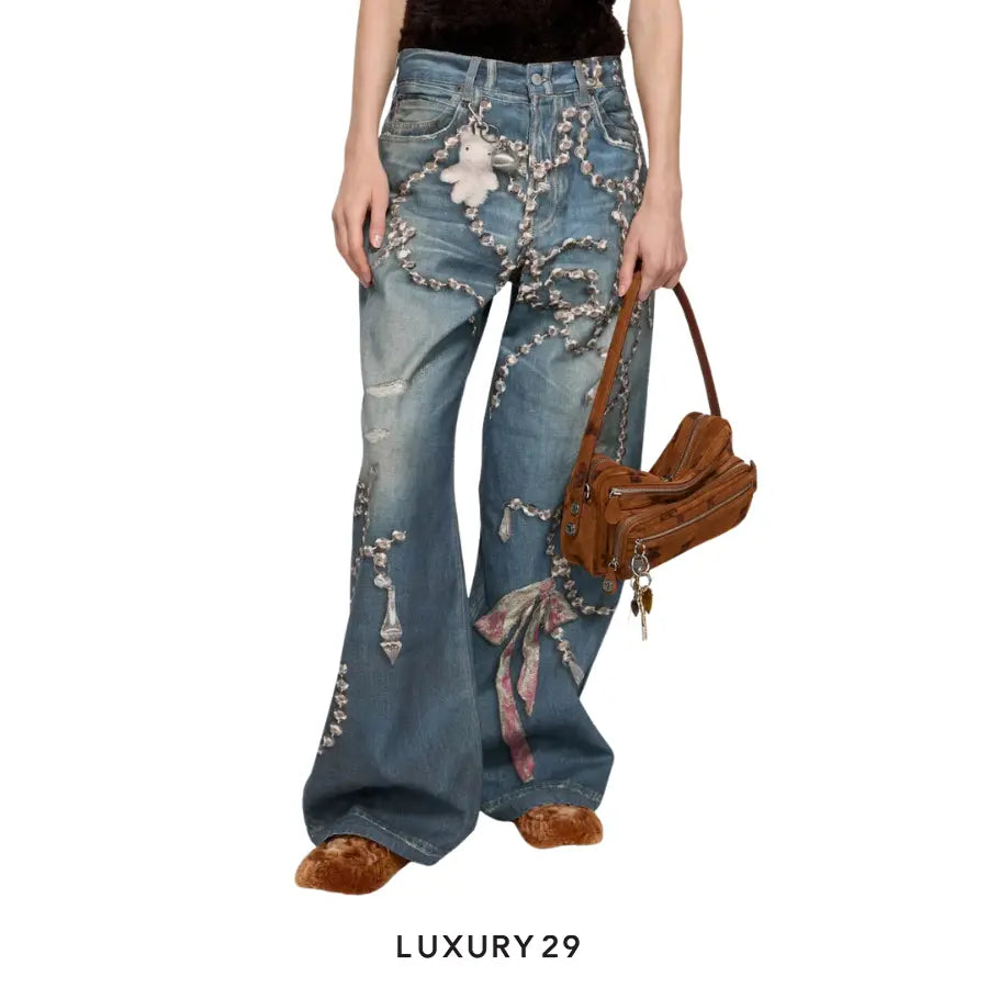Acne Studios Loose fit jeans - 1981 print of crystals and bows Mid Blue ACNE STUDIOS Luxury29