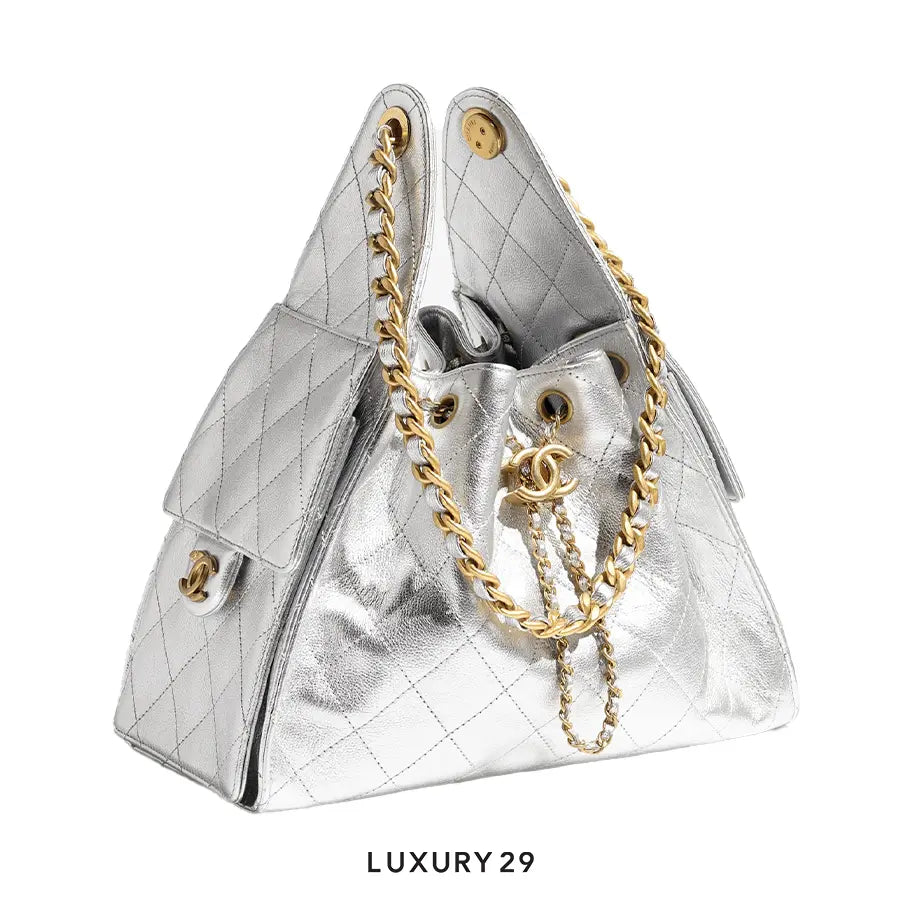 Chanel 25 Small Handbag Metallic Grained Calfskin Gold-Tone Metal Silvery CHANEL