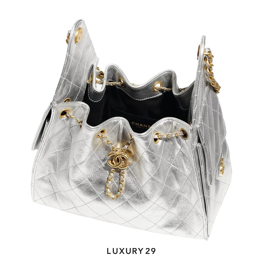Chanel 25 Small Handbag Metallic Grained Calfskin Gold-Tone Metal Silvery CHANEL