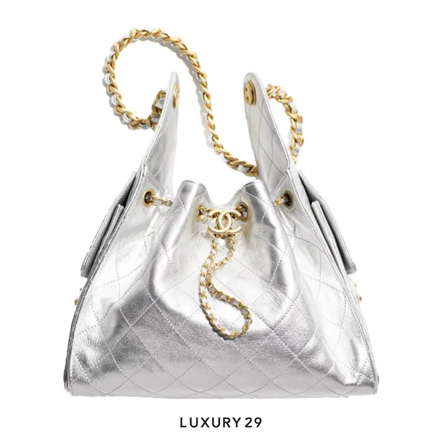 Chanel 25 Small Handbag Metallic Grained Calfskin Gold-Tone Metal Silvery CHANEL
