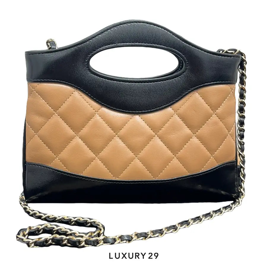 Chanel 31 Micro Shopping Bag Shiny Lambskin & Gold-Tone Metal Dark Beige & Black CHANEL