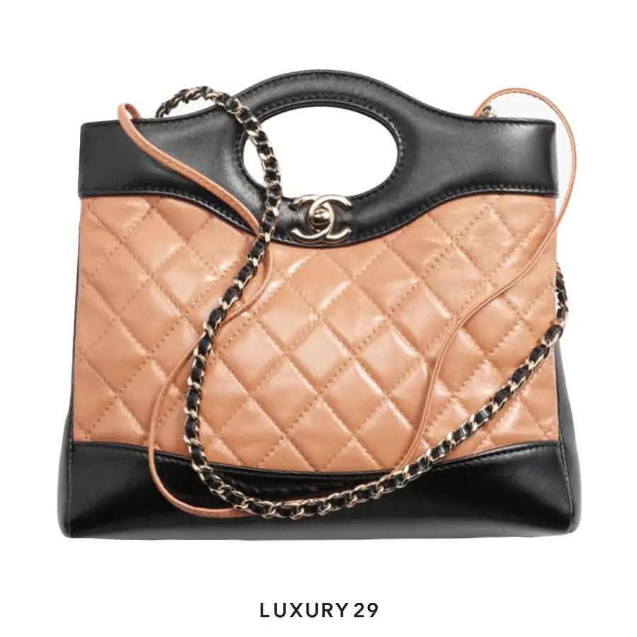 Chanel 31 Mini Shopping Bag Shiny Lambskin & Gold-Tone Metal Dark Beige & Black CHANEL
