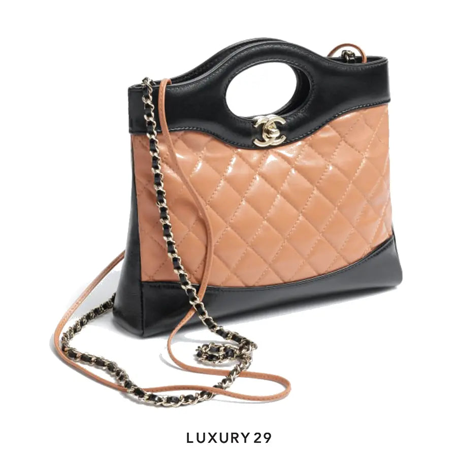 Chanel 31 Mini Shopping Bag Shiny Lambskin & Gold-Tone Metal Dark Beige & Black CHANEL