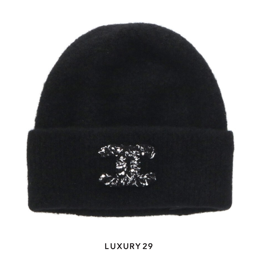 CHANEL Coco Mark Sequined Cashmere Beanie Black CHANEL