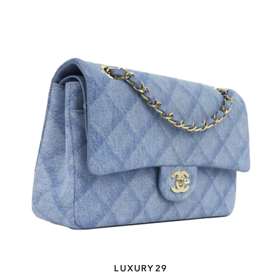 CHANEL Printed Denim Quilted Medium Double Flap Denim Blue Handbag CHANEL