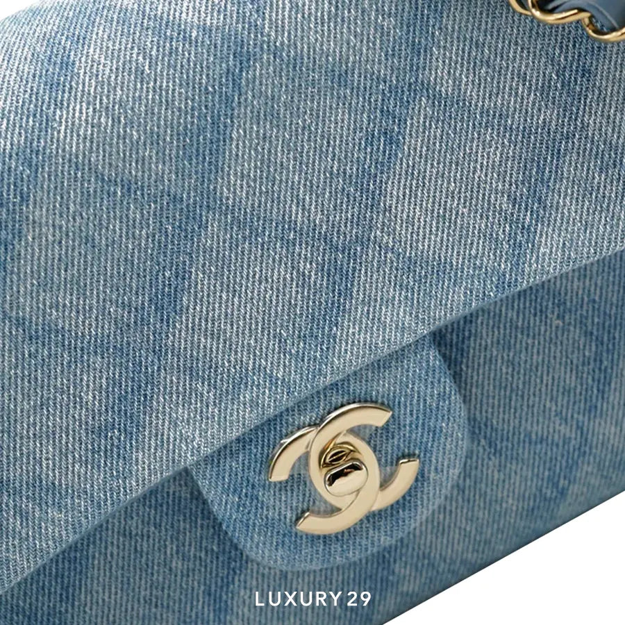 CHANEL Printed Denim Quilted Medium Double Flap Denim Blue Handbag CHANEL