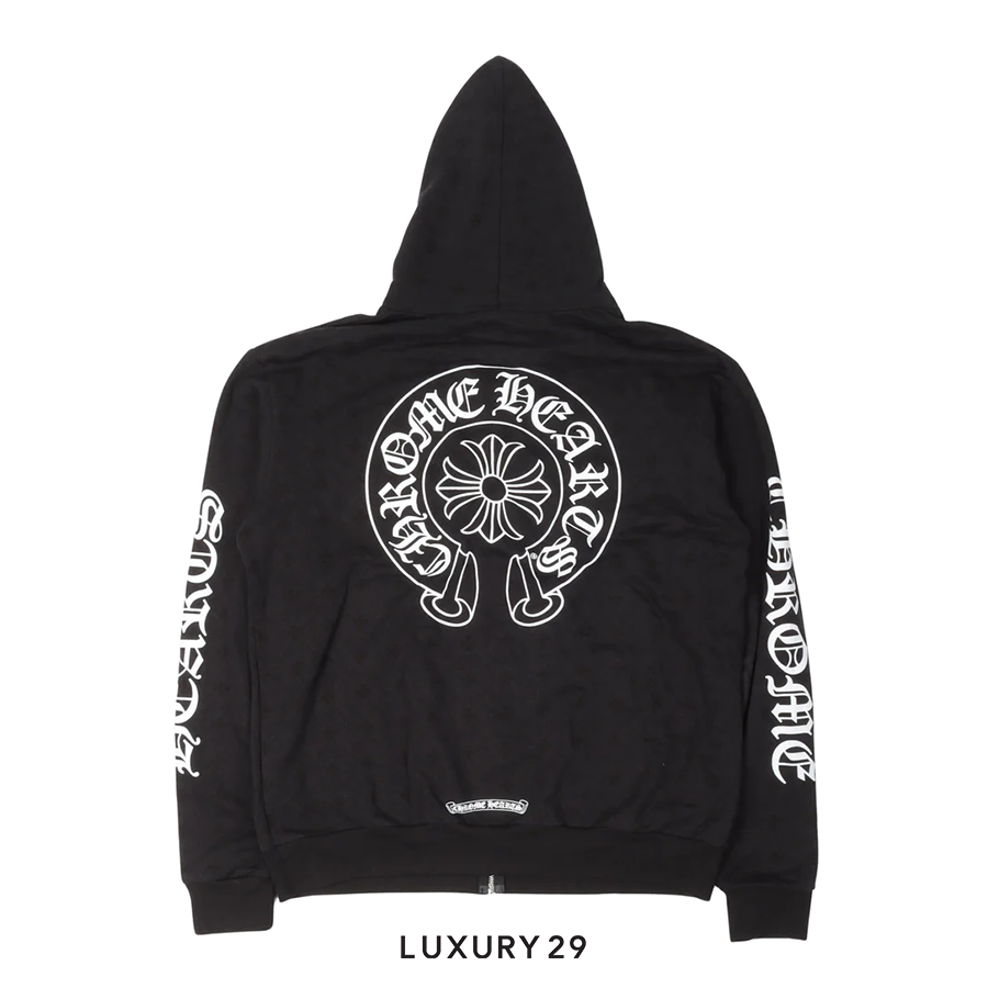 Black hoodie with white logo and text on a white background