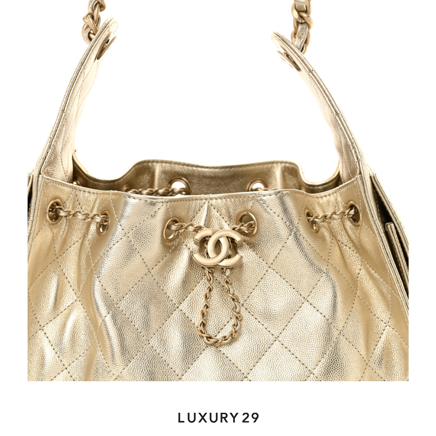 Chanel 25 Small Hand Bag Metallic Gold Caviar Light Gold Hardware CHANEL